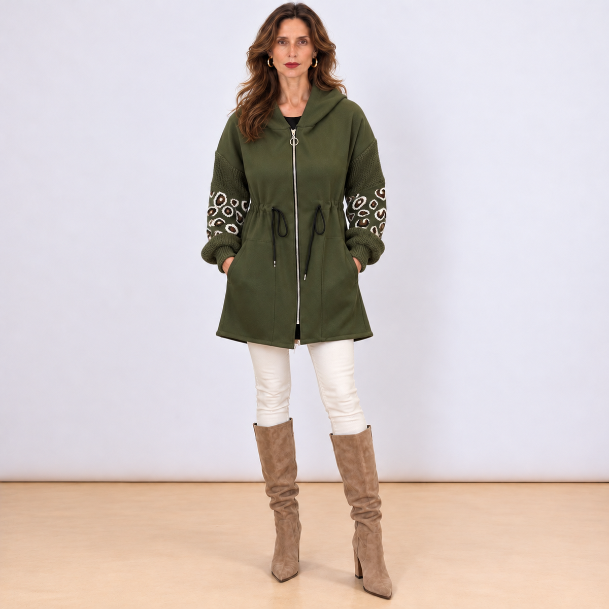 [MIXMUSE.NOHO] Nolita, Cappotto Combinato con Maniche in Maglia e Zip