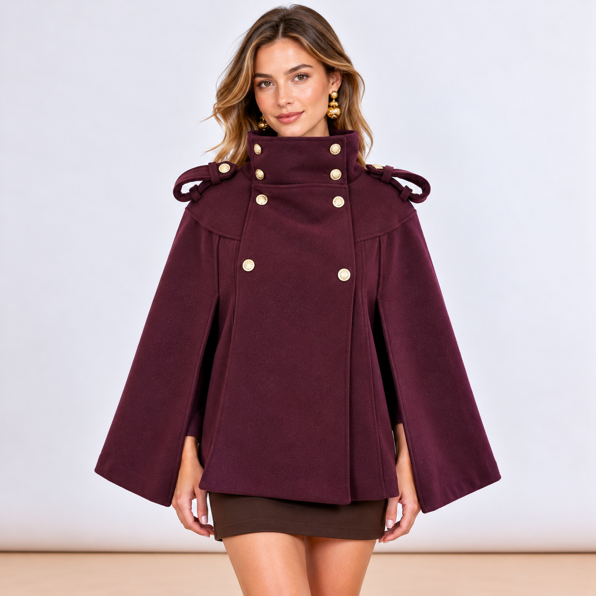 [MIXMUSE] Cappotto A Mantella Con Bottoni Dorati
