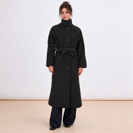 [MIXMUSE] Cappotto Lungo Con Cintura In Vita E Bottoni