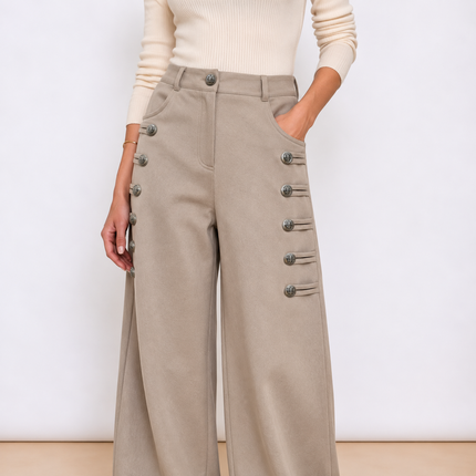 [MIXMUSE.NOHO] Versailles, Pantalone Con Alamari e Bottoni Dorati, Effetto Scamosciato