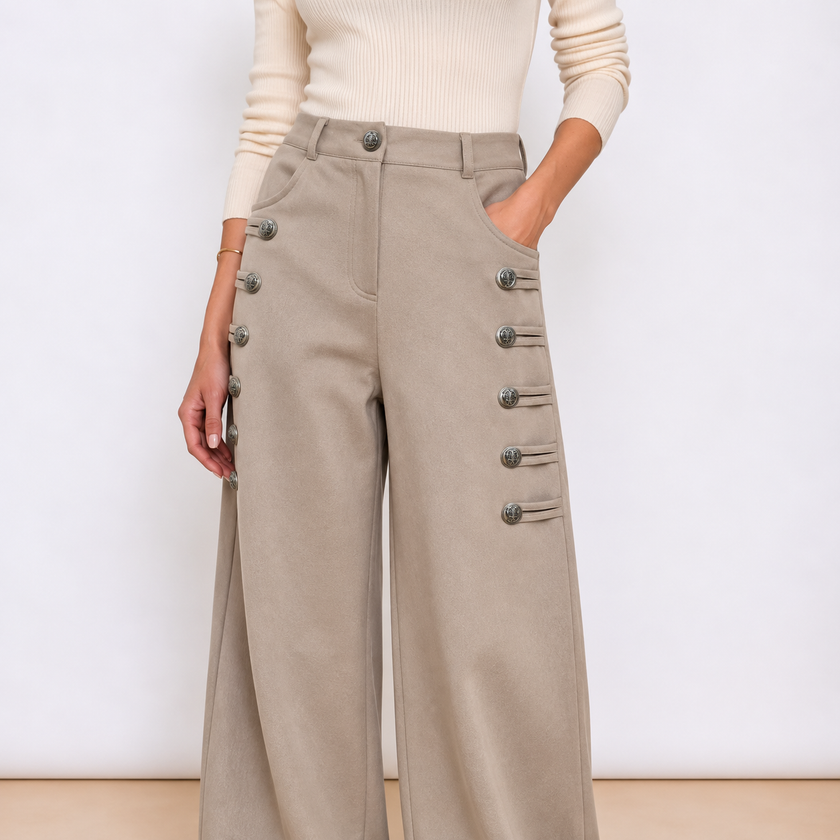 [MIXMUSE.NOHO] Versailles, Pantalone Con Alamari e Bottoni Dorati, Effetto Scamosciato