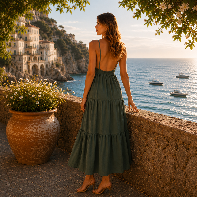 [MIXMUSE.SOUL] Vestito Lungo Con Balze E Dettaglio Stella Marina