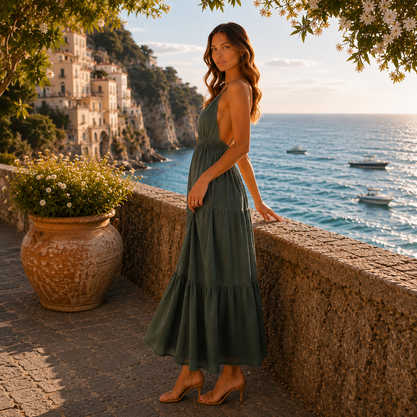 [MIXMUSE.SOUL] Vestito Lungo Con Balze E Dettaglio Stella Marina