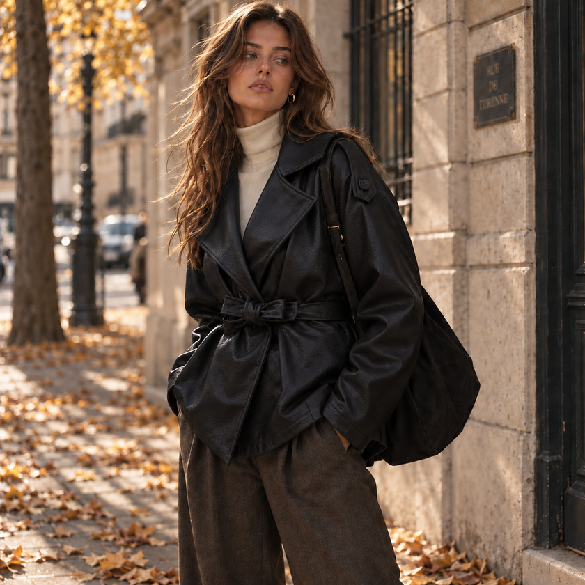 [MIXMUSE] Giacca Trench Corta, In Ecopelle Martellata, Con Cintura
