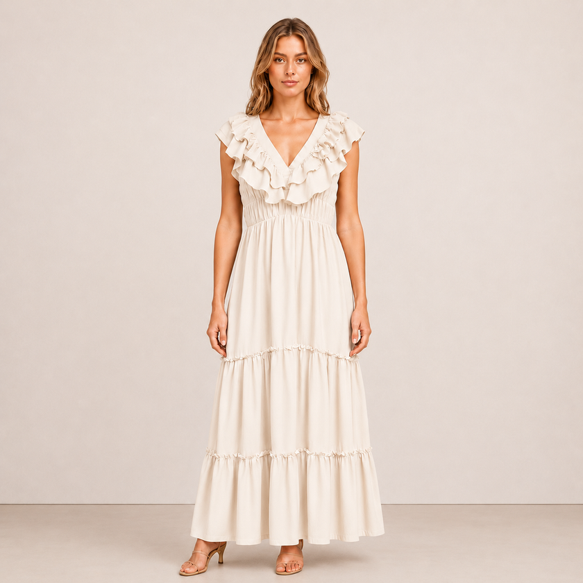 [MIXMUSE.NOHO] Carmen, Vestito Lungo Con Balze E Volant Sullo Scollo A V