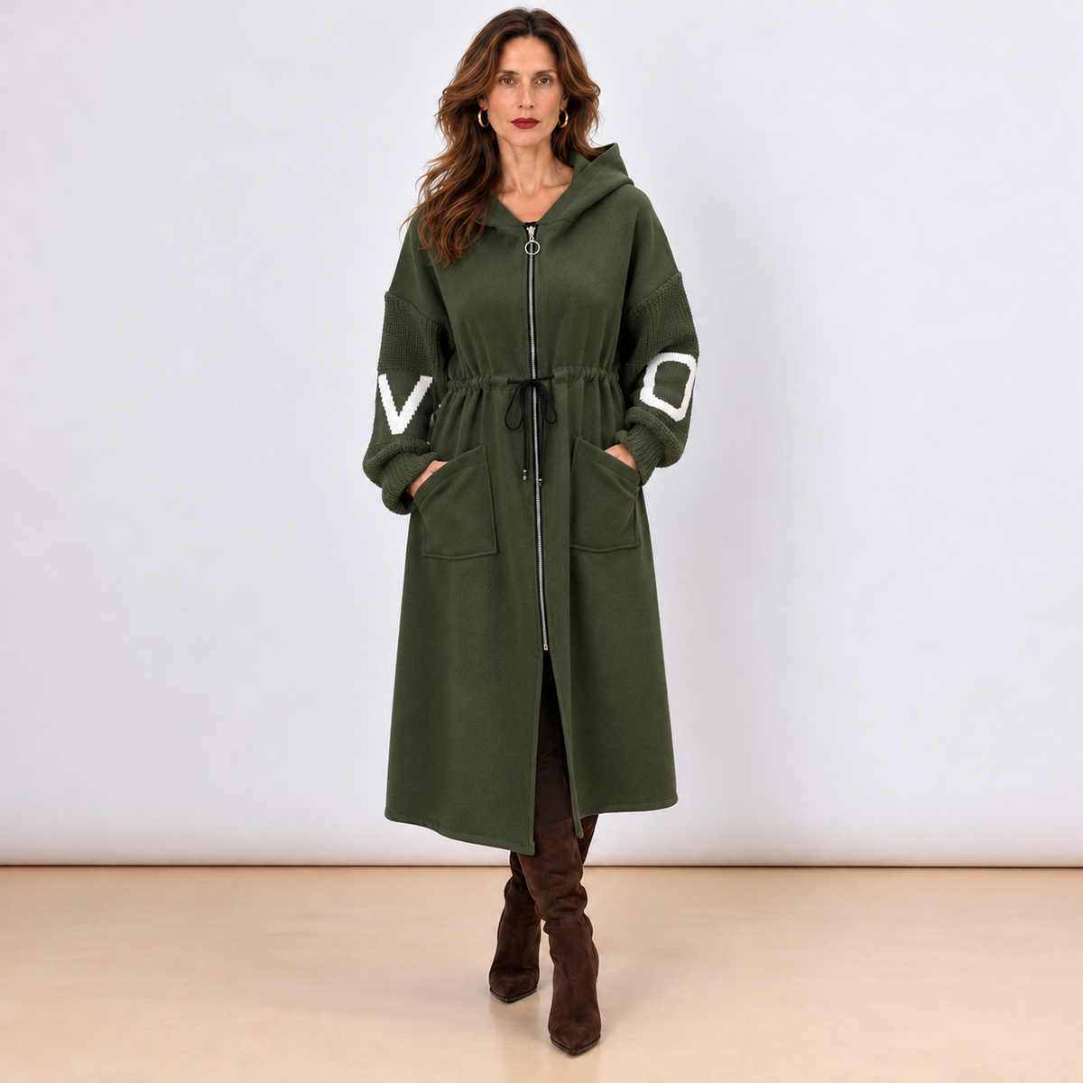 [MIXMUSE.NOHO] Nolita, Cappotto Combinato con Maniche in Maglia e Zip
