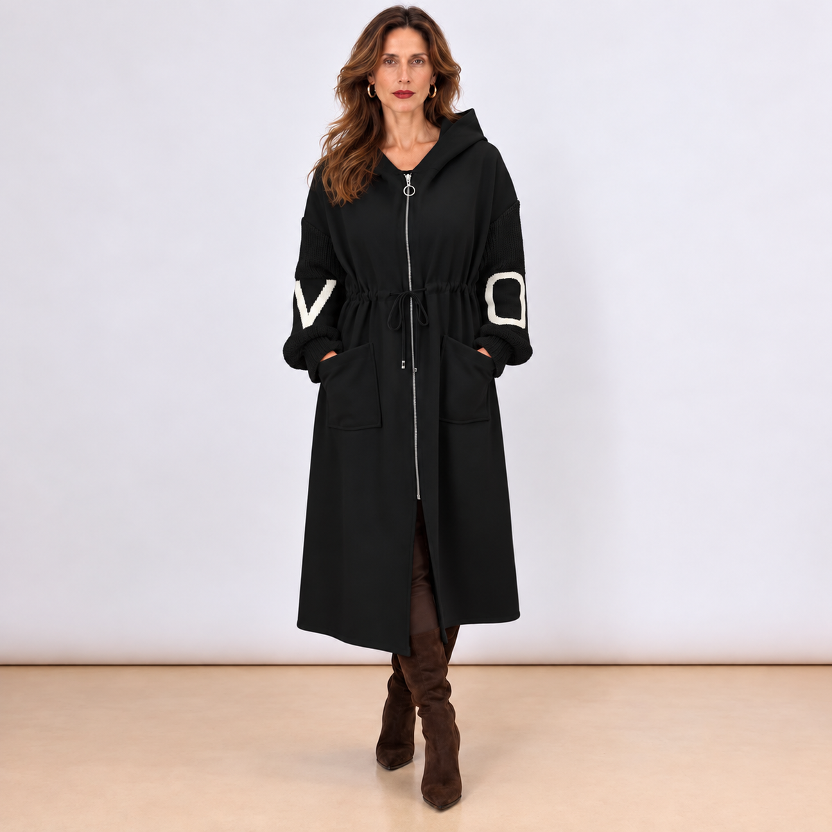 [MIXMUSE.NOHO] Nolita, Cappotto Combinato con Maniche in Maglia e Zip