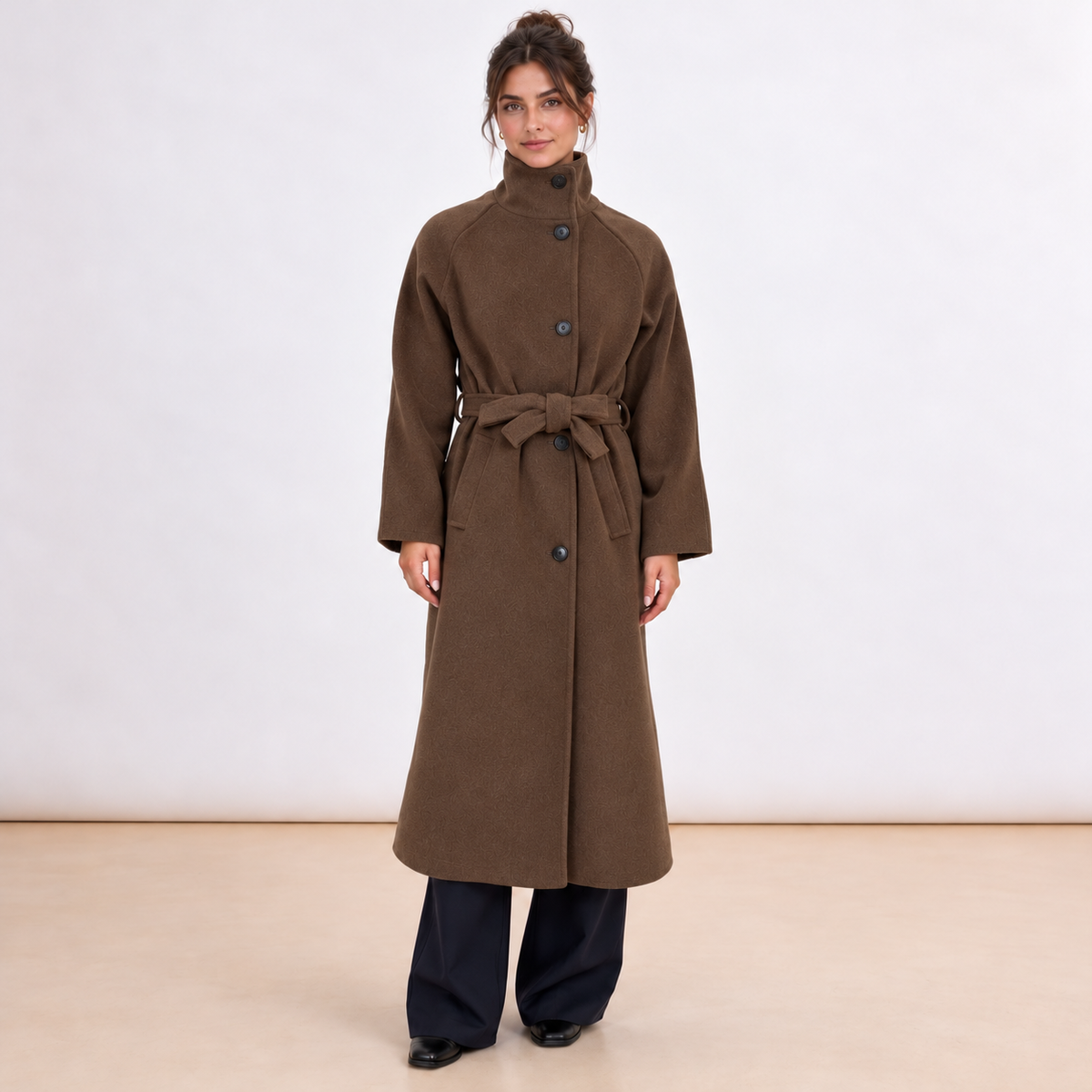 [MIXMUSE] Cappotto Lungo Con Cintura In Vita E Bottoni