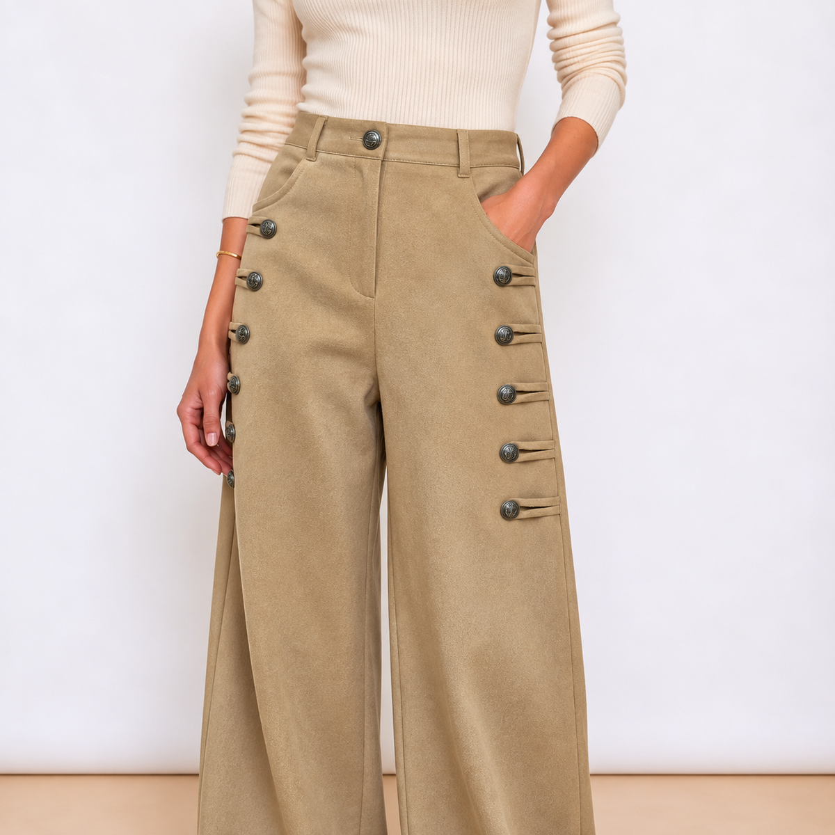 [MIXMUSE.NOHO] Versailles, Pantalone Con Alamari e Bottoni Dorati, Effetto Scamosciato