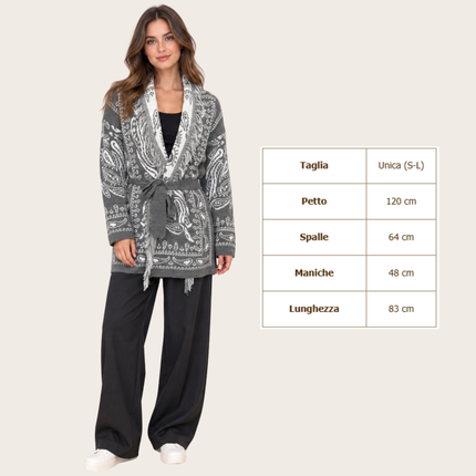 [MIXMUSE.SOUL] Cardigan Bandana, Lungo In Maglia Con Fantasia Paisley, Frange E Cintura Rimovibile