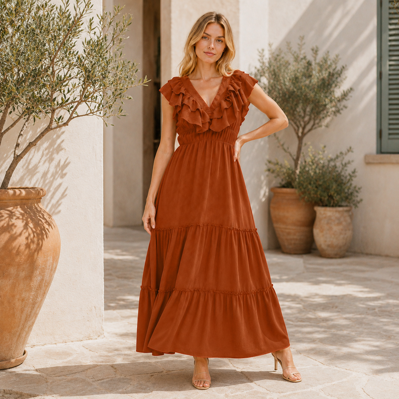 [MIXMUSE.NOHO] Carmen, Vestito Lungo Con Balze E Volant Sullo Scollo A V