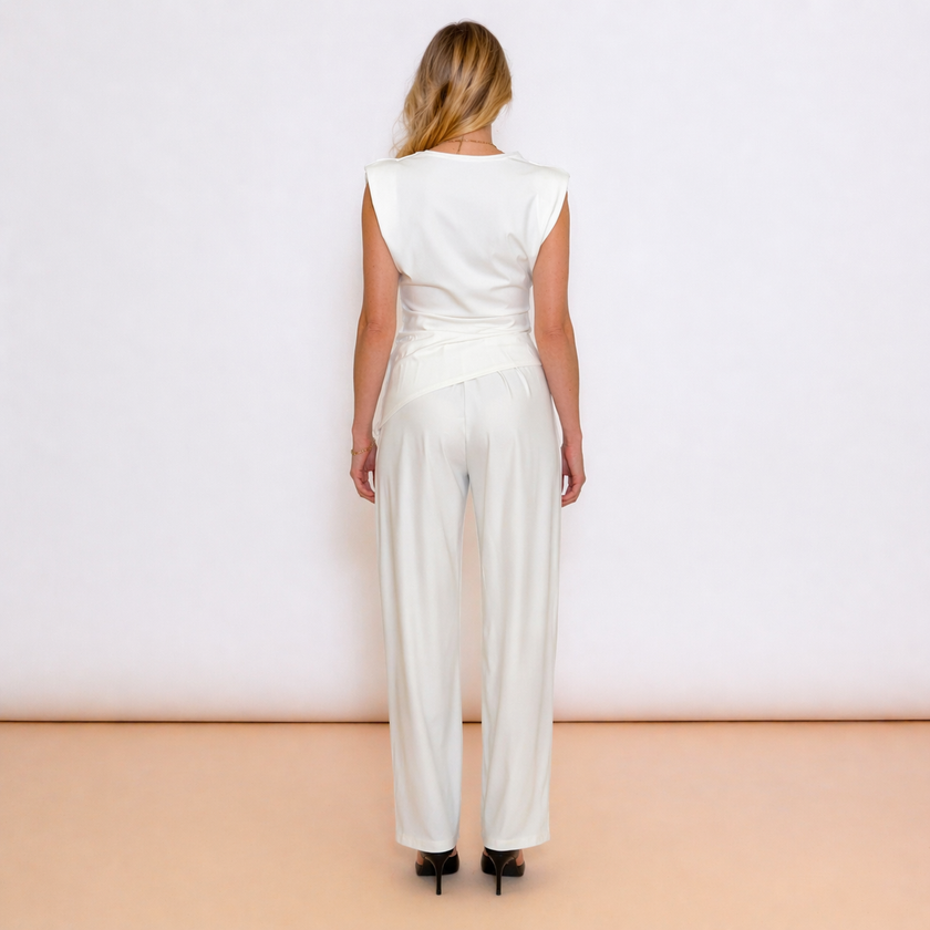 [MIXMUSE.NOHO] Completo Due Pezzi Con Top Asimmettrico Drappeggiato E Pantalone Morbido
