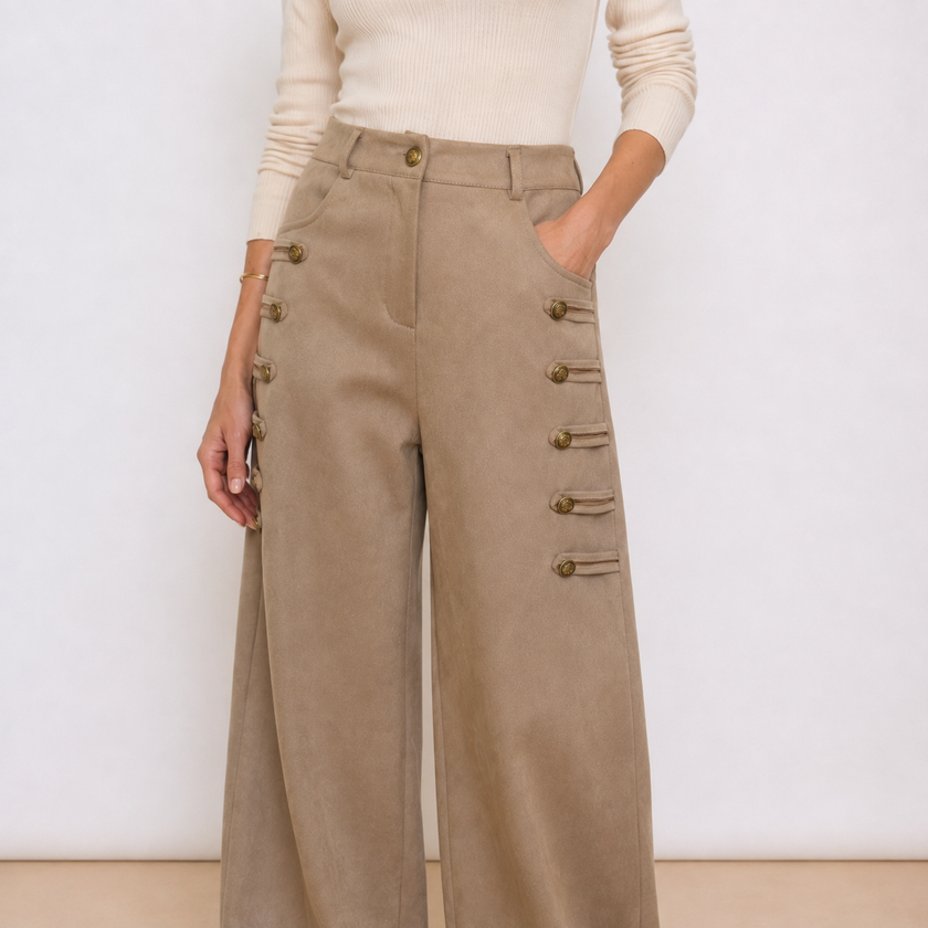 [MIXMUSE.NOHO] Napoleone, Pantalon Avec Brandebourgs et Boutons Dorés, Effet Daim