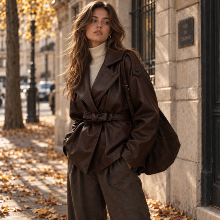 [MIXMUSE] Iconic, Giacca Trench Corta In Ecopelle Martellata Con Cintura