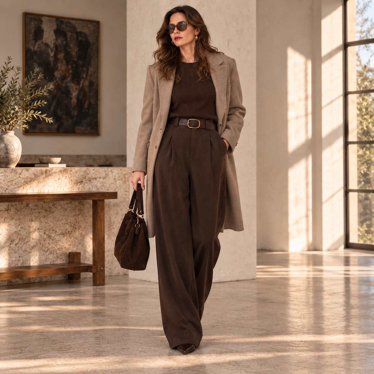 [MIXMUSE.NOHO] Pantalone A Zampa Con Effetto Scamosciato E Cintura