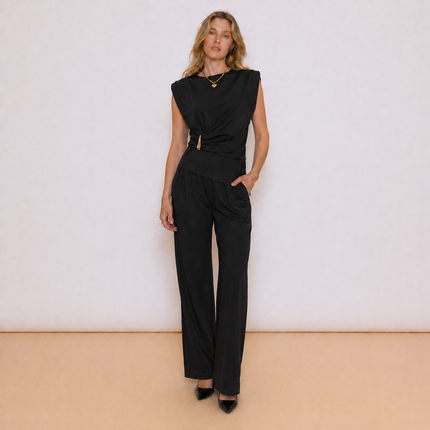 [MIXMUSE.NOHO] Completo Due Pezzi Con Top Asimmettrico Drappeggiato E Pantalone Morbido