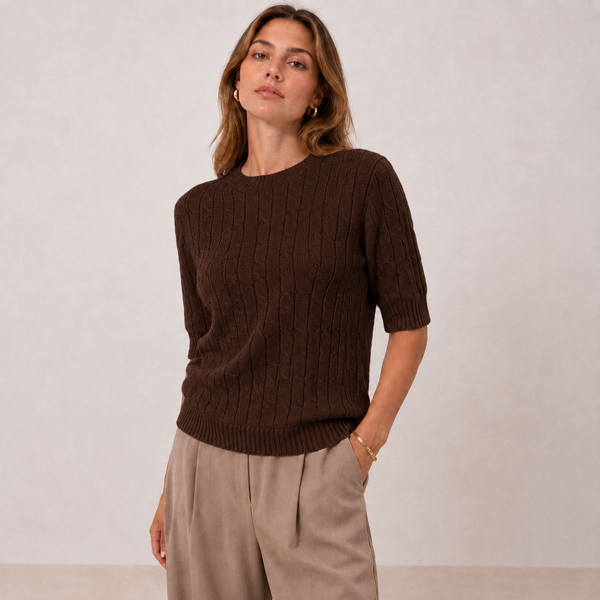 [MIXMUSE] Margot, Cable-Knit Short-SSleeved Crew-Neck Sweater