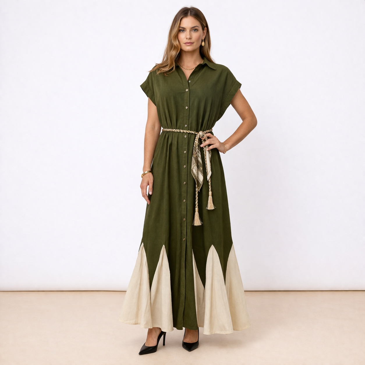 [MIXMUSE.NOHO] Vestito Chemisier in Lino Con Cintura In Corda