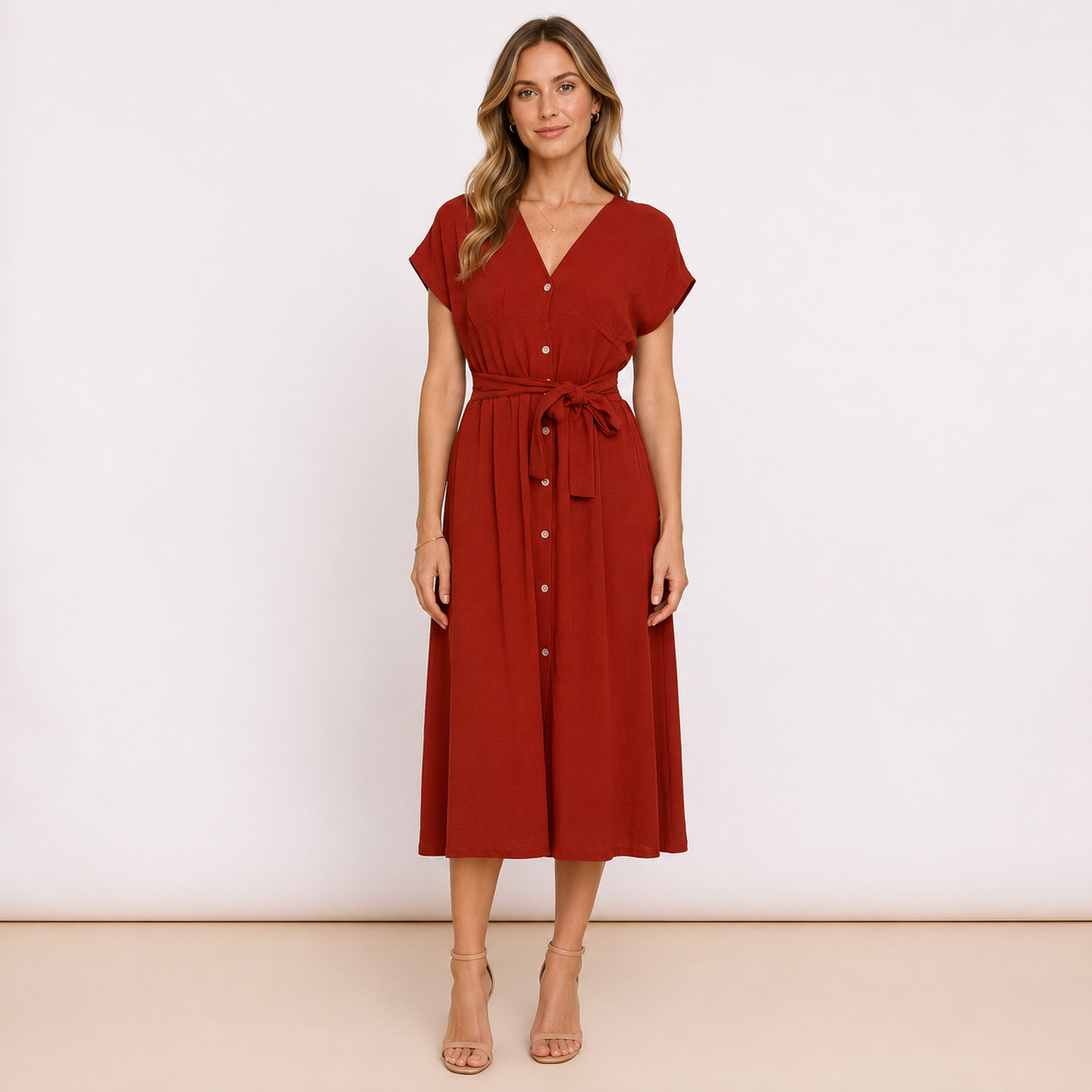 [MIXMUSE.COUTURE] Vestito Con Scollo A V, Bottoni e Cintura In Vita