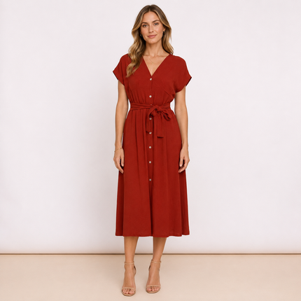 [MIXMUSE.COUTURE] Vestito Con Scollo A V, Bottoni e Cintura In Vita