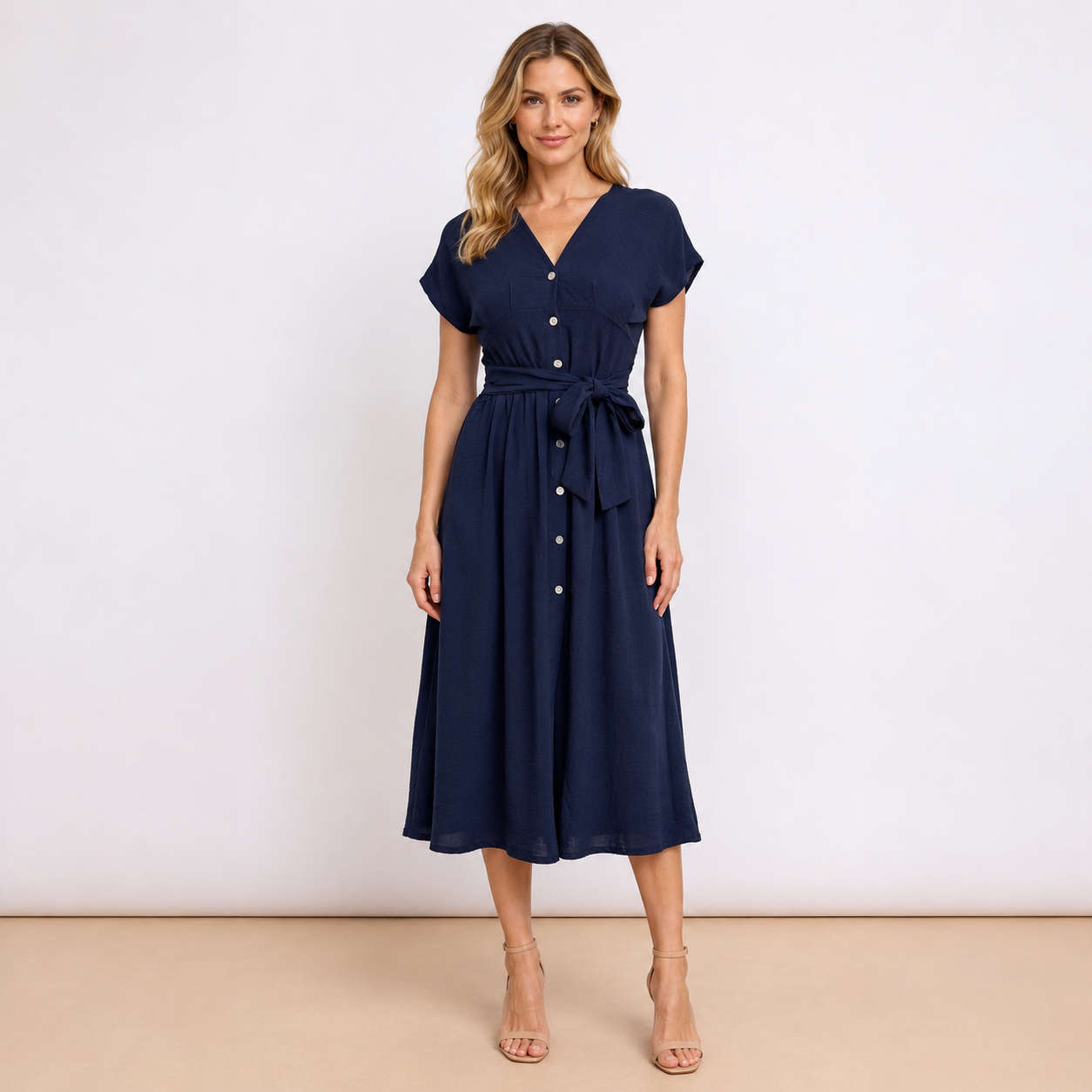 [MIXMUSE.COUTURE] Vestito Con Scollo A V, Bottoni e Cintura In Vita