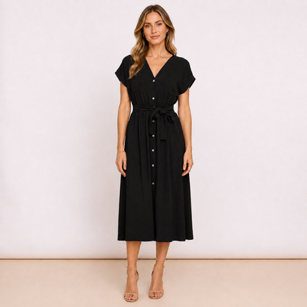 [MIXMUSE.COUTURE] Vestito Con Scollo A V, Bottoni e Cintura In Vita