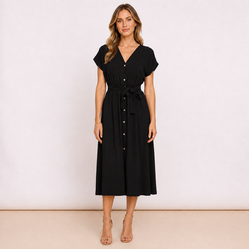 [MIXMUSE.COUTURE] Vestito Con Scollo A V, Bottoni e Cintura In Vita