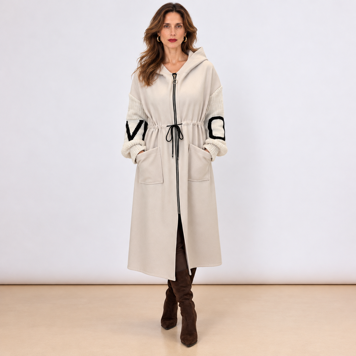 [MIXMUSE.NOHO] Nolita, Cappotto Combinato con Maniche in Maglia e Zip