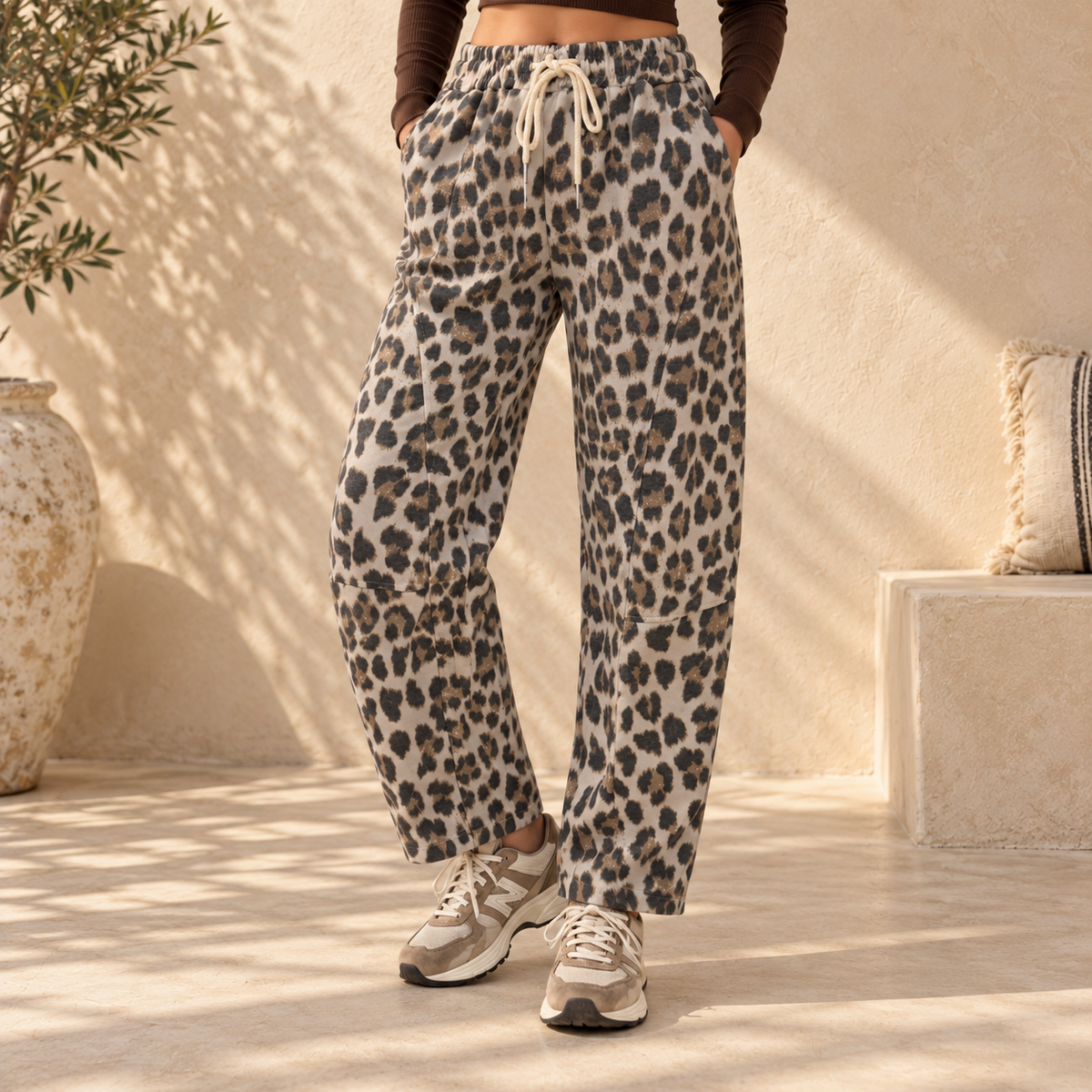 [MIXMUSE.SOUL] Relaxed fit-luipaardbroek met elastische taille en trekkoord