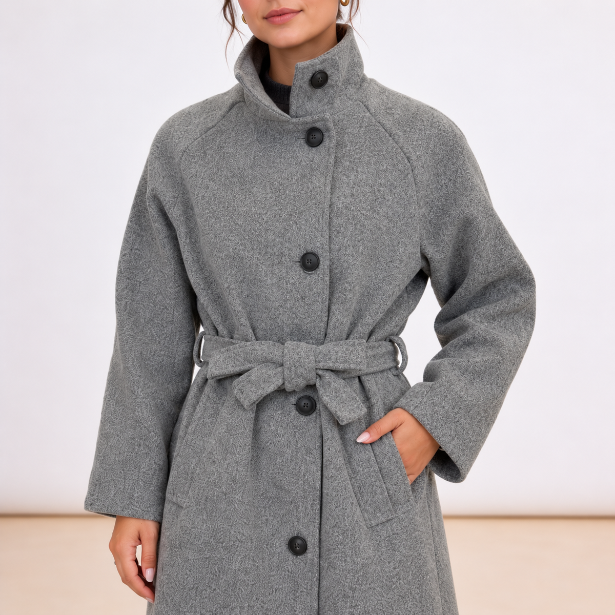 [MIXMUSE] Cappotto Lungo Con Cintura In Vita E Bottoni