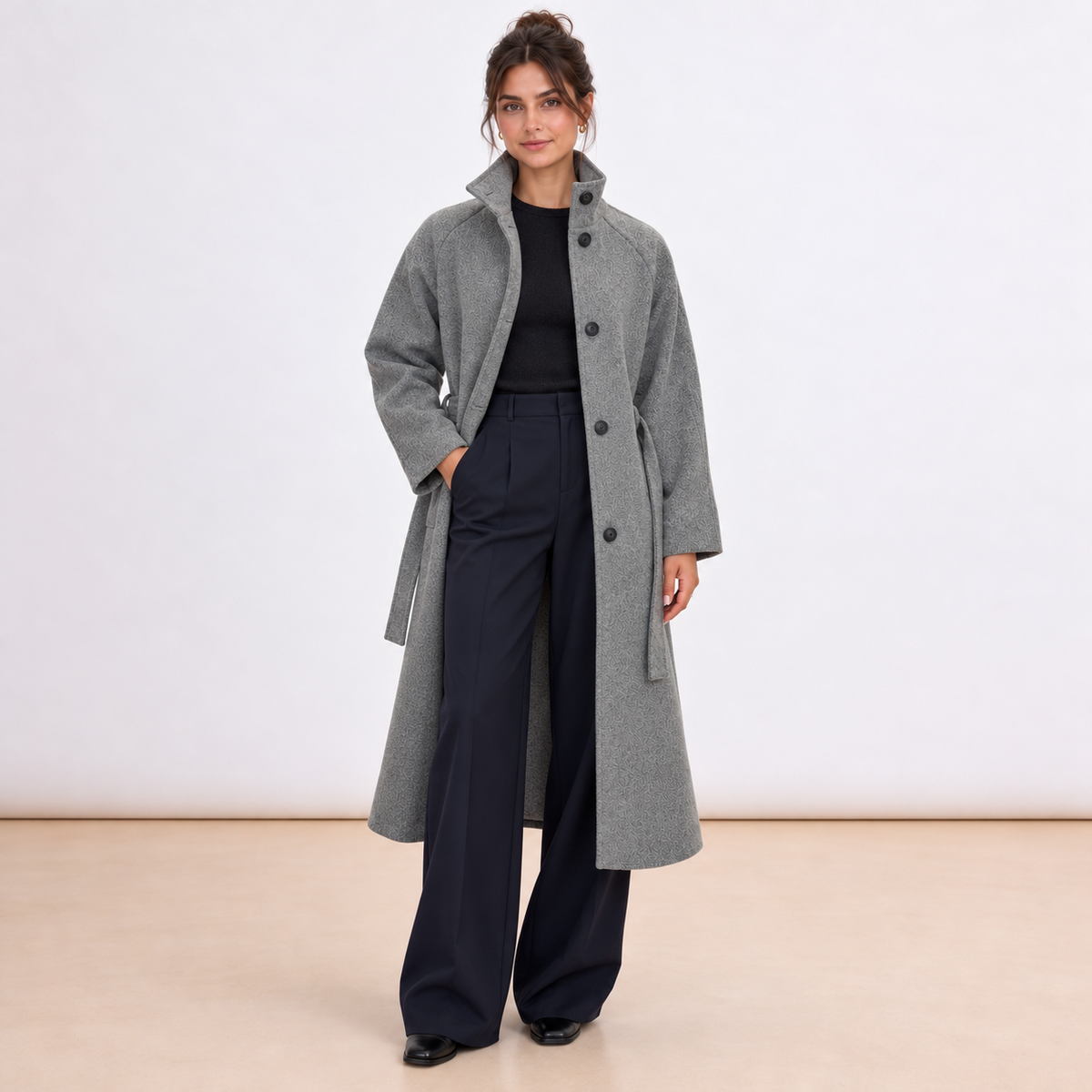 [MIXMUSE] Cappotto Lungo Con Cintura In Vita E Bottoni