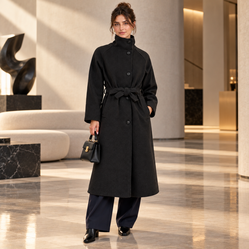 [MIXMUSE] Cappotto Lungo Con Cintura In Vita E Bottoni