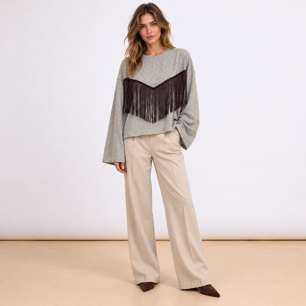 [MIXMUSE] Maglia Con Frange Sul Davanti E Manica Ampia