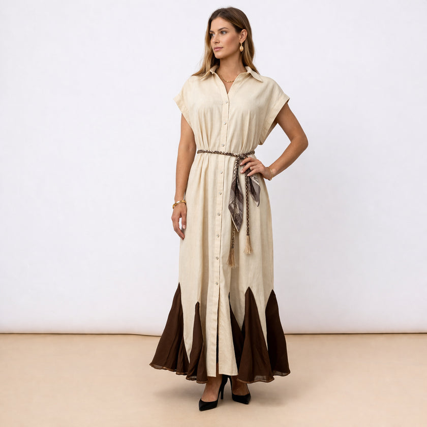 [MIXMUSE.NOHO] Vestito Chemisier in Lino Con Cintura In Corda