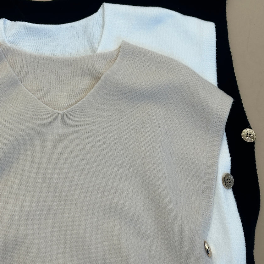 [MIXMUSE] Smanicato In Maglia Con Scollo a V e Bottoni Laterali