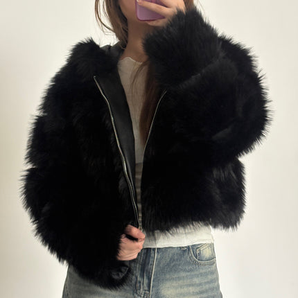 [MIXMUSE.COUTURE] Giacca In Eco Pelliccia Corta Con Cappuccio