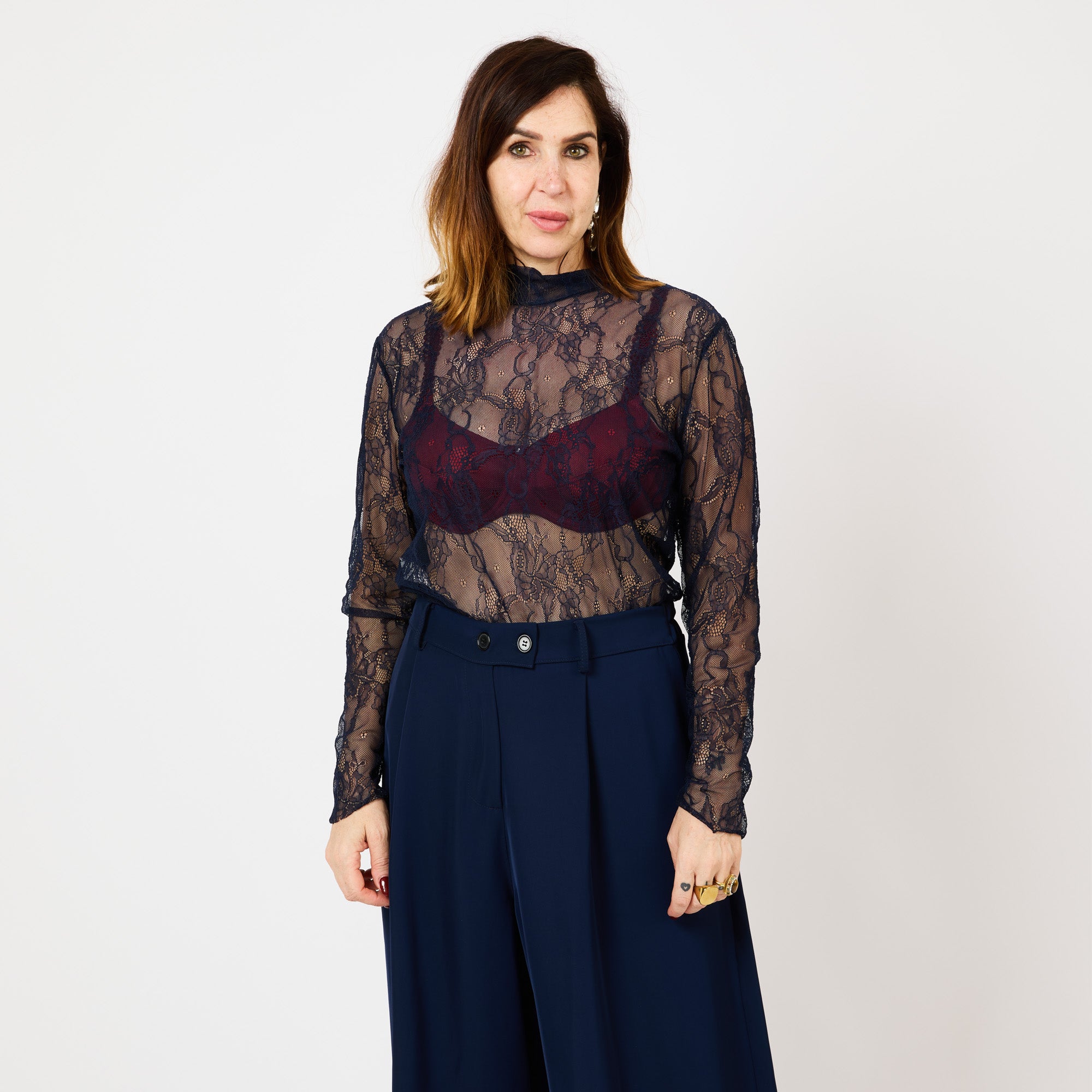 [MIXMUSE.COUTURE] Maglia in Pizzo Angelo, Trasparente A Maniche Lunghe