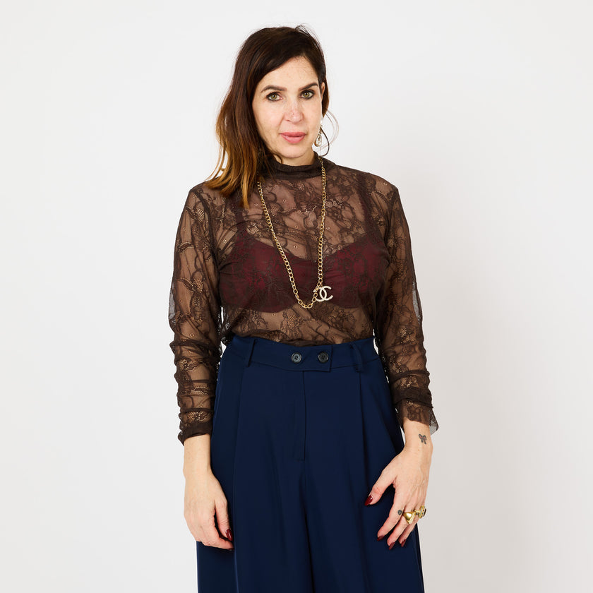 [MIXMUSE.COUTURE] Maglia in Pizzo Angelo, Trasparente A Maniche Lunghe