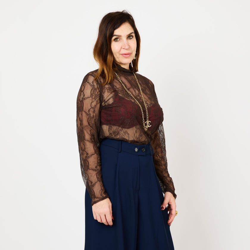 [MIXMUSE.COUTURE] Maglia in Pizzo Angelo, Trasparente A Maniche Lunghe