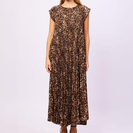 Abito Lungo Plissettato a Maniche Corte con Tasche Laterali