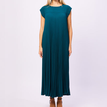 Abito Lungo Plissettato a Maniche Corte con Tasche Laterali