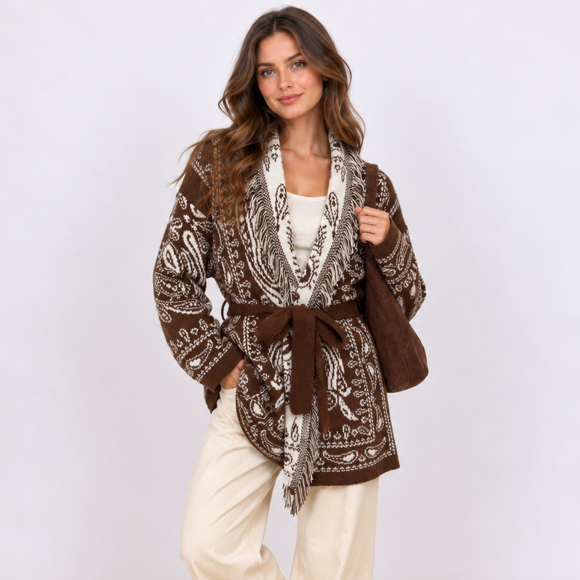 [MIXMUSE.SOUL] Cardigan Bandana, Lungo In Maglia Con Fantasia Paisley, Frange E Cintura Rimovibile