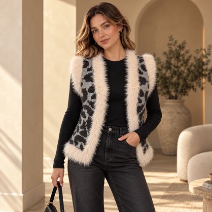 [MIXMUSE.SOUL] Gilet Corto in Maglia Con Fantasia Animalier e Bordi in Ecopelliccia