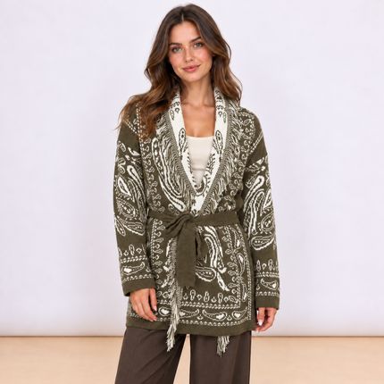 [MIXMUSE.SOUL] Cardigan Bandana, Lungo In Maglia Con Fantasia Paisley, Frange E Cintura Rimovibile