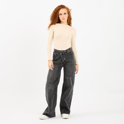 [MIXMUSE.NOHO] Jeans A Gamba Larga Con Chiusura Asimmetrica