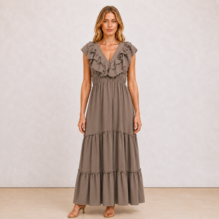 [MIXMUSE.NOHO] Carmen, Vestito Lungo Con Balze E Volant Sullo Scollo A V