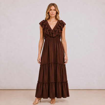 [MIXMUSE.NOHO] Carmen, Vestito Lungo Con Balze E Volant Sullo Scollo A V
