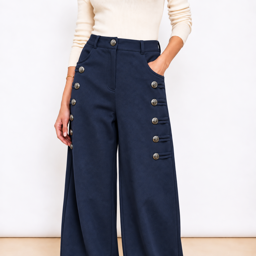[MIXMUSE.NOHO] Versailles, Pantalone Con Alamari e Bottoni Dorati, Effetto Scamosciato