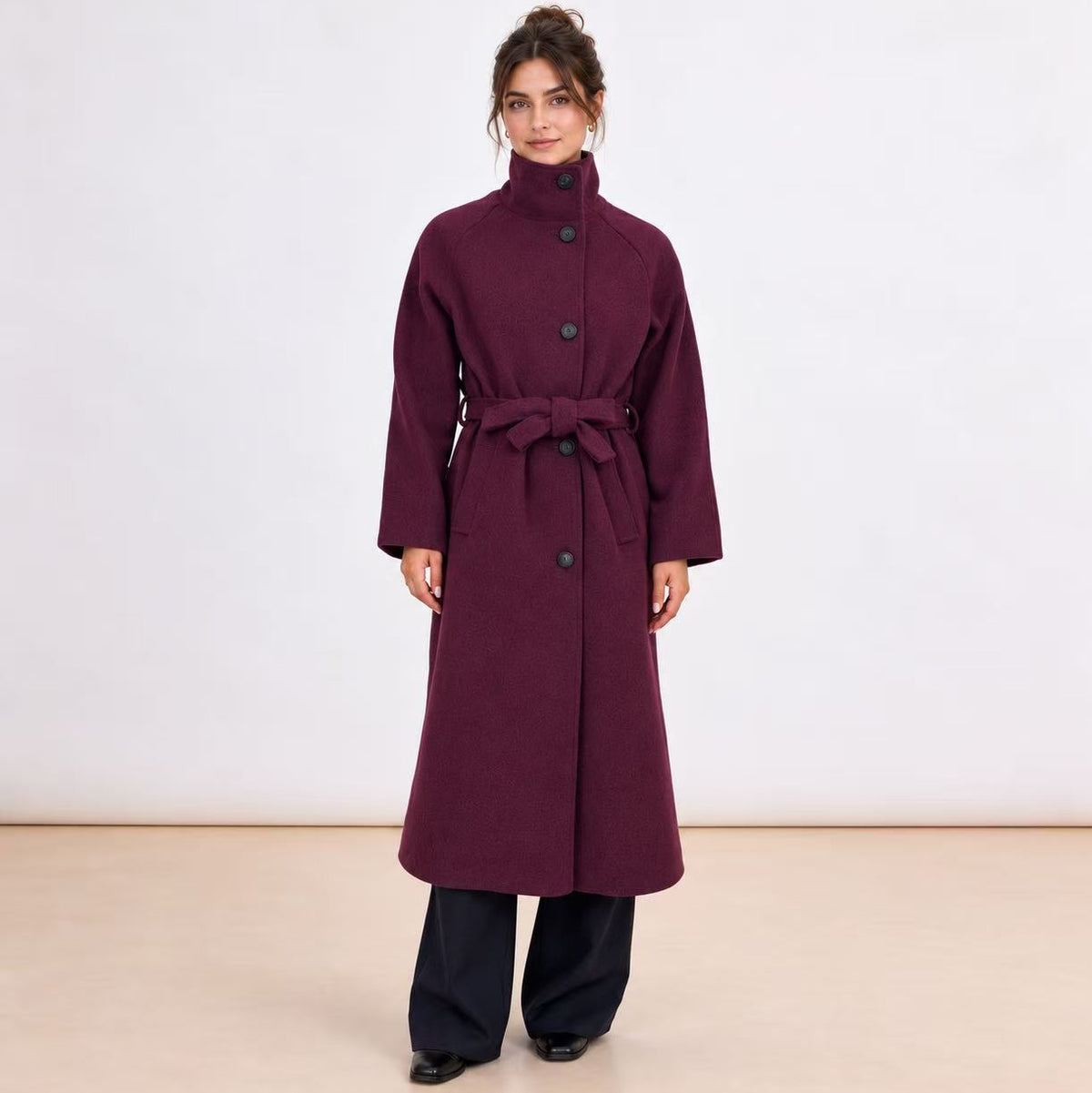 [MIXMUSE] Cappotto Lungo Con Cintura In Vita E Bottoni
