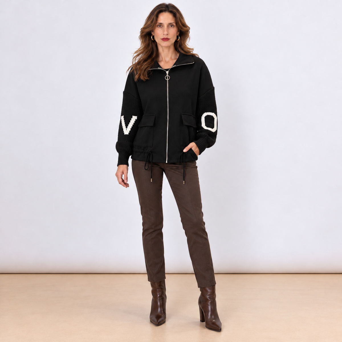 [MIXMUSE.NOHO] Nolita, Cappotto Combinato con Maniche in Maglia e Zip